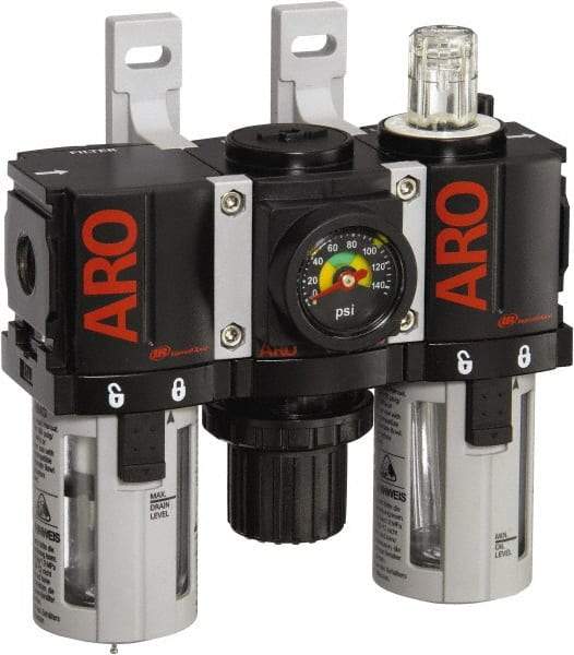 ARO/Ingersoll-Rand - 1/4" NPT Port Miniature 3 Piece Filter-Regulator-Lubricator FRL Unit - Polycarbonate Bowl, 46 SCFM, 150 Max psi, 5" High x 4.724" Long, Automatic Drain - Caliber Tooling