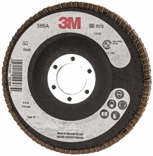 3M - 80 Grit, 4-1/2" Disc Diam, Type 27 Flap Disc - Cloth Backing, Arbor Attaching System - Caliber Tooling