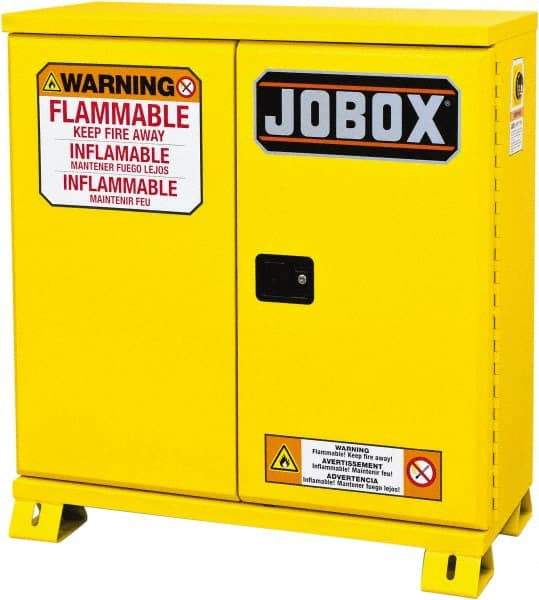 Jobox - 2 Door, 1 Shelf, Yellow Steel Standard Safety Cabinet for Flammable and Combustible Liquids - 49" High x 46-3/32" Wide x 19-5/8" Deep, Manual Closing Door, 30 Gal Capacity - Caliber Tooling