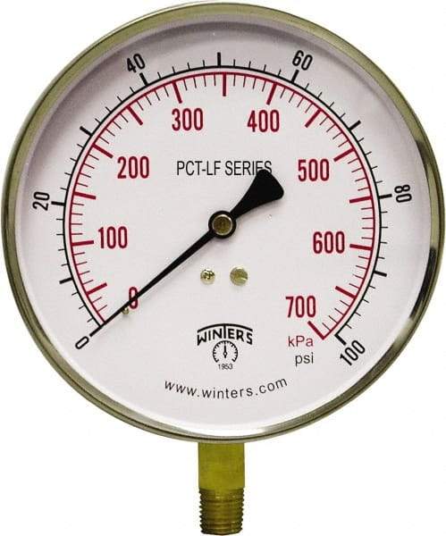 Winters - 4-1/2" Dial, 1/4 Thread, 0-100 Scale Range, Pressure Gauge - Lower Connection Mount, Accurate to 0.01% of Scale - Caliber Tooling