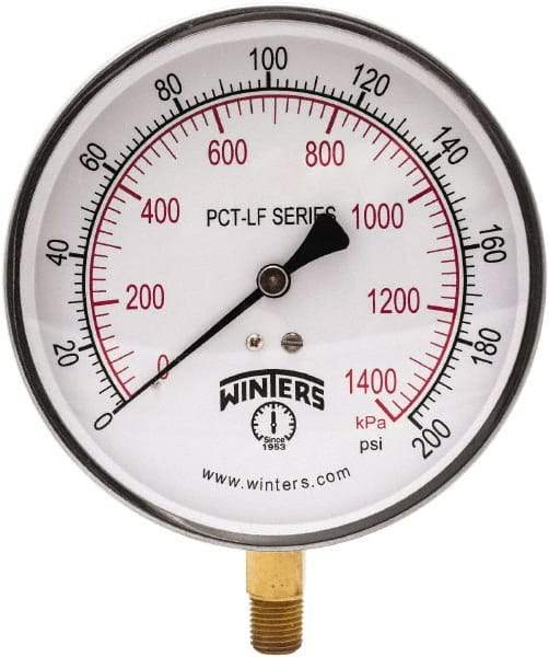 Winters - 4-1/2" Dial, 1/4 Thread, 0-200 Scale Range, Pressure Gauge - Lower Connection Mount, Accurate to 0.01% of Scale - Caliber Tooling