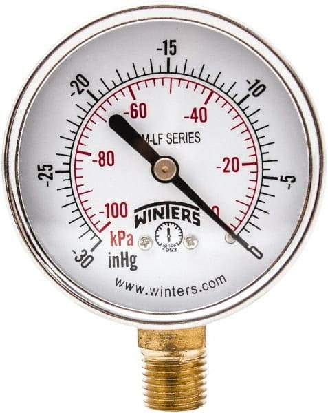 Winters - 2-1/2" Dial, 1/4 Thread, 30" HG Vac Scale Range, Pressure Gauge - Lower Connection Mount, Accurate to 3-2-3% of Scale - Caliber Tooling