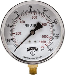 Winters - 4" Dial, 1/4 Thread, 0-160 Scale Range, Pressure Gauge - Lower Connection Mount, Accurate to 3-2-3% of Scale - Caliber Tooling