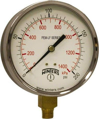 Winters - 4" Dial, 1/4 Thread, 0-200 Scale Range, Pressure Gauge - Lower Connection Mount, Accurate to 3-2-3% of Scale - Caliber Tooling