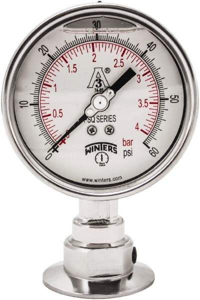 Winters - 4" Dial, 2 Thread, 0-60 Scale Range, Pressure Gauge - Lower Connection Mount, Accurate to 0.01% of Scale - Caliber Tooling