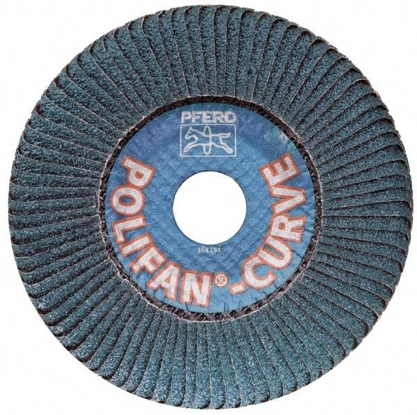 PFERD - 40 Grit, 4-1/2" Disc Diam, 7/8" Center Hole, Type 27 Zirconia Alumina Flap Disc - 13,300 Max RPM, Fiberglass Backing, Arbor Attaching System, Coated - Caliber Tooling