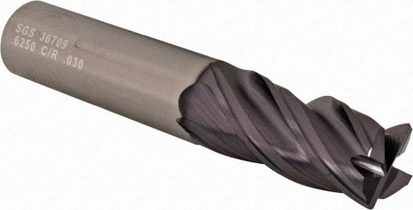 SGS - 5/8", 4 Flute, Single End, Solid Carbide, 0.03" Corner Radius End Mill - 3-1/2" OAL, Right Hand Flute, 1-1/4" LOC, Right Hand Cut - Caliber Tooling