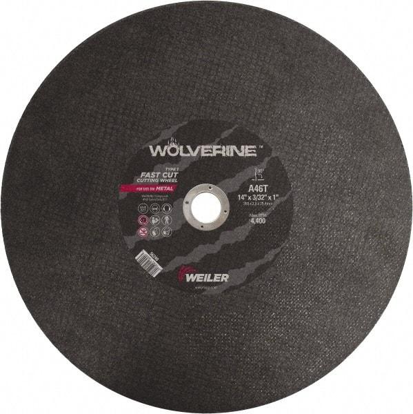 Weiler - 14" 46 Grit Aluminum Oxide Cutoff Wheel - 3/32" Thick, 1" Arbor, 4,400 Max RPM, Use with Chop Saws - Caliber Tooling