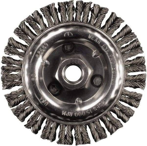 PFERD - 6" OD, 5/8-11 Arbor Hole, Knotted Stainless Steel Wheel Brush - 3/16" Face Width, 1-1/2" Trim Length, 0.02" Filament Diam, 12,500 RPM - Caliber Tooling