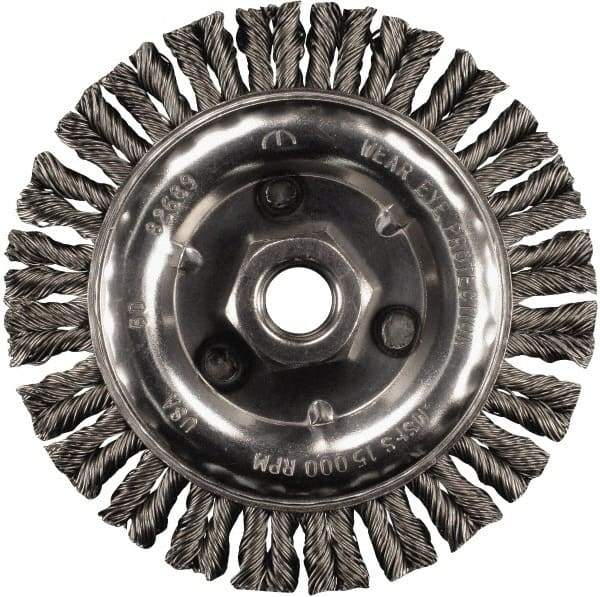 PFERD - 6" OD, 5/8-11 Arbor Hole, Knotted Stainless Steel Wheel Brush - 3/16" Face Width, 1-1/8" Trim Length, 0.02" Filament Diam, 12,500 RPM - Caliber Tooling