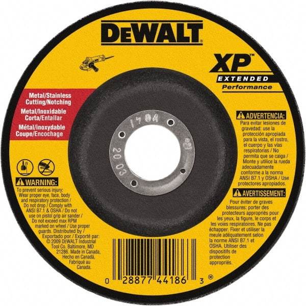 DeWALT - 24 Grit, 9" Wheel Diam, 3/32" Wheel Thickness, 7/8" Arbor Hole, Type 27 Depressed Center Wheel - Zirconia Alumina, Resinoid Bond, 6,600 Max RPM - Caliber Tooling