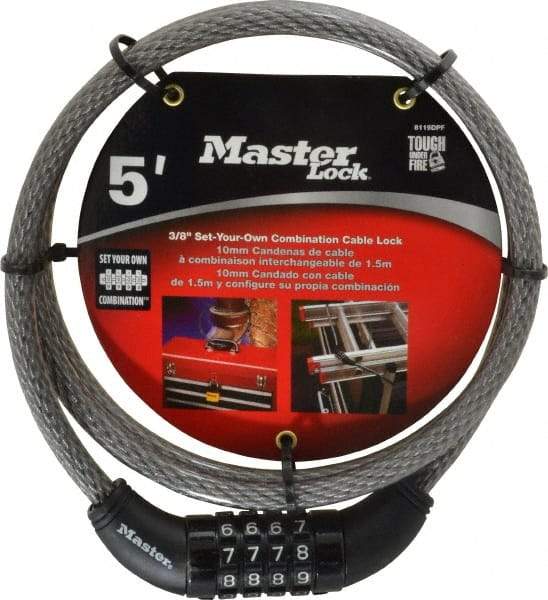 Master Lock - 5' Long Combination Cable Lock - 3/8" Diam - Caliber Tooling