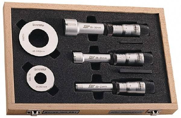 Fowler - 8 Piece, 2 to 4", Carbide, Hole Mechanical Inside Micrometer Set - 0.005mm Graduation, Ratchet Stop Thimble, Includes (2) Setting Rings, (3) Handles & (3) Heads - Caliber Tooling