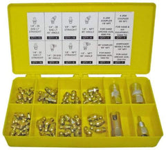 PRO-LUBE - 60 Piece, Inch, Box Plastic Steel Grease Fitting Set - Includes PTF, UNF Thread Types, Includes 1/4-28 SAE-LT: (25) Straight, (4) 45°, (4) 90°, 1/8-27 PTF: (15) Straight, (4) 45°, (4) 90° - Caliber Tooling