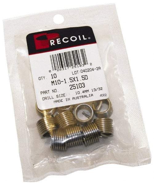 Recoil - 10 Inserts, #10-24 UNC, 1D, Stainless Steel Screw Locking Insert - 0.19 Inch Overall Length, with Tang, Bright Finish - Exact Industrial Supply