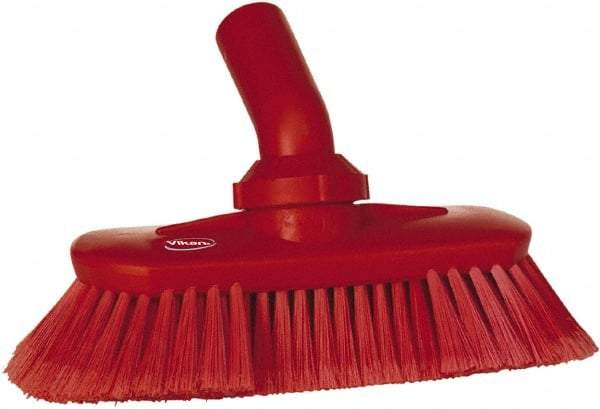 Vikan - 1-1/2" Bristle Length, Polyester Wash Brush - 7-3/4" Long x 3" Wide Head, 8" OAL, European Threaded Handle, Red, Polypropylene Block, Flagged - Caliber Tooling