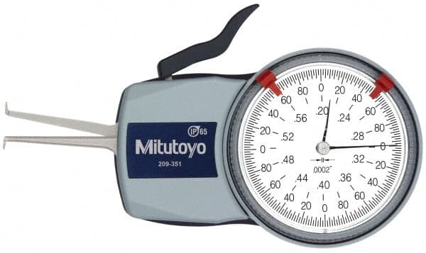 Mitutoyo - 0.2 to 0.6" Inside Dial Caliper Gage - 0.0002" Graduation, 0.0008" Accuracy, 1.37" Leg Length, 0.09" Deep x 0.032" Wide Groove, Ball Contact Points - Caliber Tooling