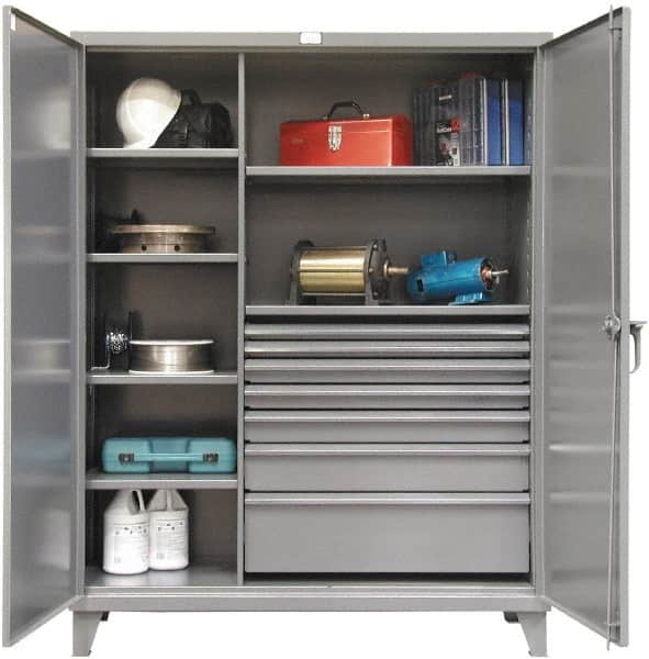 Strong Hold - 6 Shelf 7 Bin Locking Storage Cabinet - Steel, 60" Wide x 24" Deep x 78" High, Dark Gray - Caliber Tooling