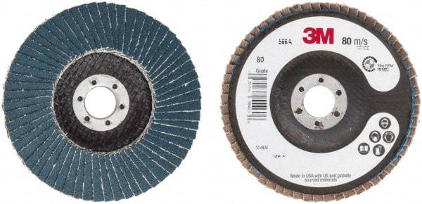 3M - 80 Grit, 4" Disc Diam, 5/8" Center Hole, Type 29 Zirconia Alumina Flap Disc - 13,300 Max RPM, Cloth Backing, Arbor Attaching System, Coated - Caliber Tooling