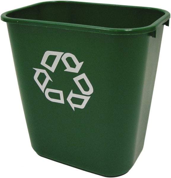 Rubbermaid - 28 Qt Green Rectangle Recycling Container - Plastic, Universal Recycling Symbol Graphic, 14.38" High x 10-1/4" Long x 15" Wide - Caliber Tooling