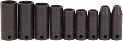 Proto - 9 Piece 3/8" Drive Black Finish Deep Well Impact Socket Set - 6 Points, 1/4" to 3/4" Range, Inch Measurement Standard - Caliber Tooling