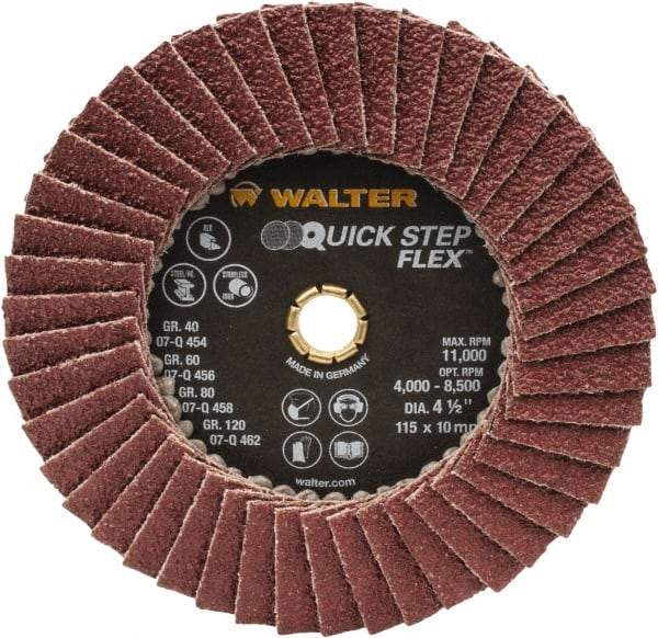 WALTER Surface Technologies - 40 Grit, 4-1/2" Disc Diam, Type 29 Aluminum Oxide Flap Disc - 11,000 Max RPM, Fiber Backing, Arbor Attaching System, Coated - Caliber Tooling