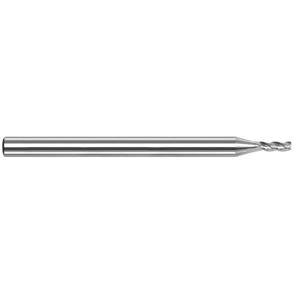 Corner Radius End Mill: 0.078″ Dia, 15/64″ LOC, 0.02″ Radius, 3 Flutes, Solid Carbide 1-1/2″ OAL, 1/8″ Shank Dia, 42 ° Helix, Bright/Uncoated, Corner Radius End