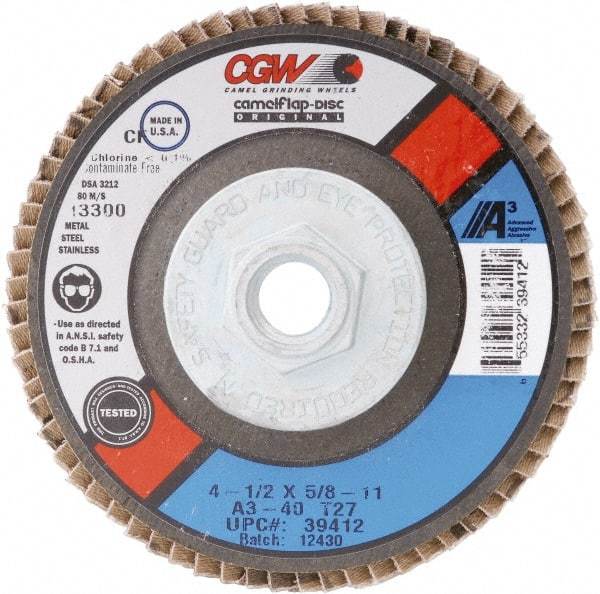 Camel Grinding Wheels - 80 Grit, 7" Disc Diam, 5/8-11 Center Hole, Type 27 Aluminum Oxide Flap Disc - 8,600 Max RPM, Polyester Backing, Arbor Attaching System, Coated - Caliber Tooling