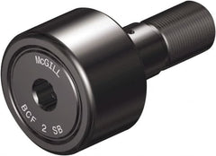 McGill - 1-1/2" Roller Diam x 7/8" Width, 5/8" Stud Diam x 1-1/2" Length, Sealed Self Lubricating Stud Cam Follower with Nonmetallic Bushing and Hex - Steel, 3/4" Thread Length, 5/8-18 Thread, 2.41" OAL - Caliber Tooling