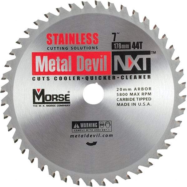 M.K. MORSE - 7" Diam, 20mm Arbor Hole Diam, 44 Tooth Wet & Dry Cut Saw Blade - Carbide-Tipped, Clean Action, Standard Round Arbor - Caliber Tooling