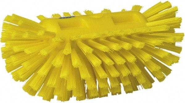 Vikan - 1-1/2" Bristle Length, Polyester Utility Scrub Brush - 5-1/2" Wide Head, 8" OAL, European Threaded Handle, Yellow, Polypropylene Block - Caliber Tooling