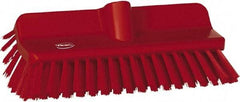 Vikan - 1-1/2" Bristle Length, Polyester Cleaning & Finishing Brush - 9-5/8" Long x 5" Wide Head, 10" OAL, European Threaded Handle, Red, Polypropylene Block - Caliber Tooling