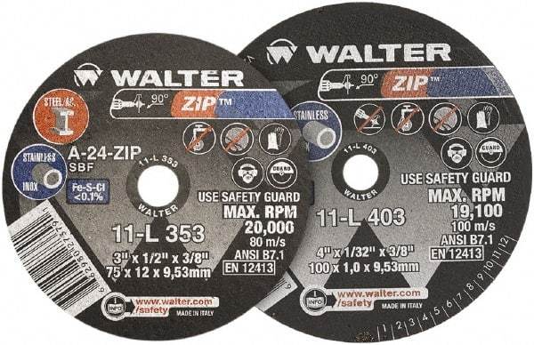 WALTER Surface Technologies - 4" 24 Grit Aluminum Oxide Cutoff Wheel - 1/4" Thick, 3/8" Arbor, 19,100 Max RPM, Use with Die Grinders - Caliber Tooling