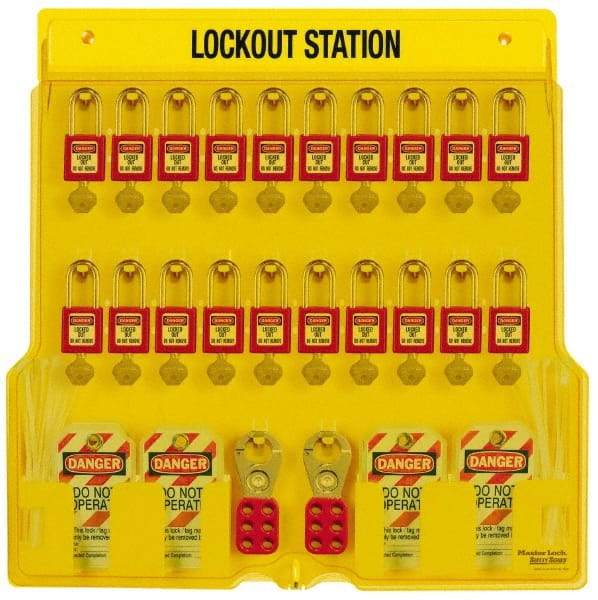 Master Lock - 28 Piece, Equipped Polycarbonate Padlock Station - 22 Inch Wide x 22 Inch High x 1-3/4 Inch Deep, Black on Yellow, Covered - Caliber Tooling