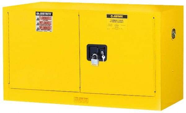 Justrite - 2 Door, 1 Shelf, Yellow Steel Stackable Safety Cabinet for Flammable and Combustible Liquids - 24" High x 43" Wide x 18" Deep, Self Closing Door, 17 Gal Capacity - Caliber Tooling