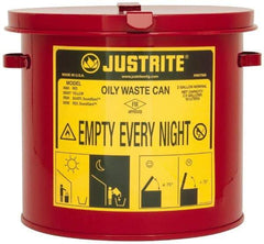 Justrite - 2 Gallon Capacity, Galvanized Steel Oily Waste Can - 9-5/8 Inch Wide/Diameter x 9-1/8 Inch High, Red, Hand Operated, Approved FM - Caliber Tooling