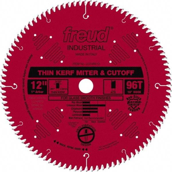 Freud - 12" Diam, 1" Arbor Hole Diam, 96 Tooth Wet & Dry Cut Saw Blade - Carbide-Tipped, Standard Round Arbor - Caliber Tooling