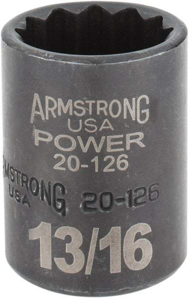 Armstrong - 13/16", 1/2" Drive, Standard Hand Socket - 12 Points, 1-29/64" OAL, Black Finish - Caliber Tooling