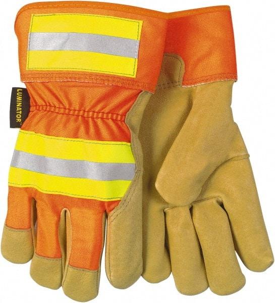 MCR Safety - Size S Pigskin General Protection Work Gloves - For General Purpose, Uncoated, Safety Cuff, Tan/Hi-Vis Orange, Paired - Caliber Tooling