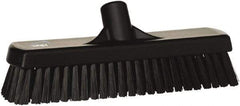 Vikan - 1.7" Bristle Length, Polyester Scrub Brush - 11-1/4" Long x 3" Wide Head, 12" OAL, European Threaded Handle, Black, Polypropylene Block - Caliber Tooling