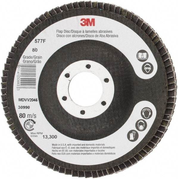 3M - 80 Grit, 4-1/2" Disc Diam, 7/8" Center Hole, Type 29 Zirconia Alumina Flap Disc - 13,300 Max RPM, Cloth Backing, Arbor Attaching System, Coated - Caliber Tooling