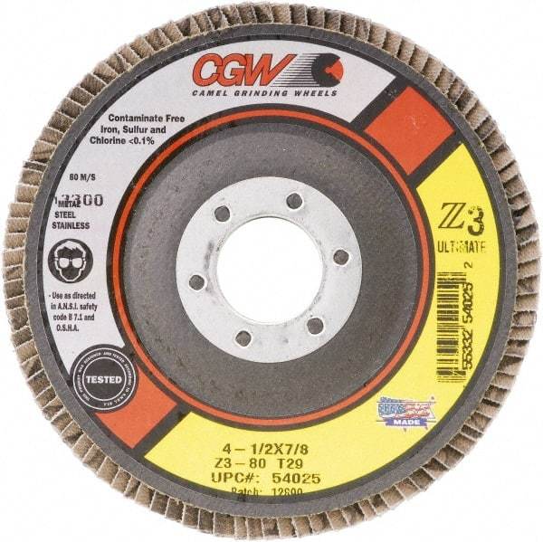 Camel Grinding Wheels - 60 Grit, 4-1/2" Disc Diam, 7/8" Center Hole, Type 27 Zirconia Alumina Flap Disc - 13,300 Max RPM, Poly Cotton Backing, Arbor Attaching System, Coated - Caliber Tooling