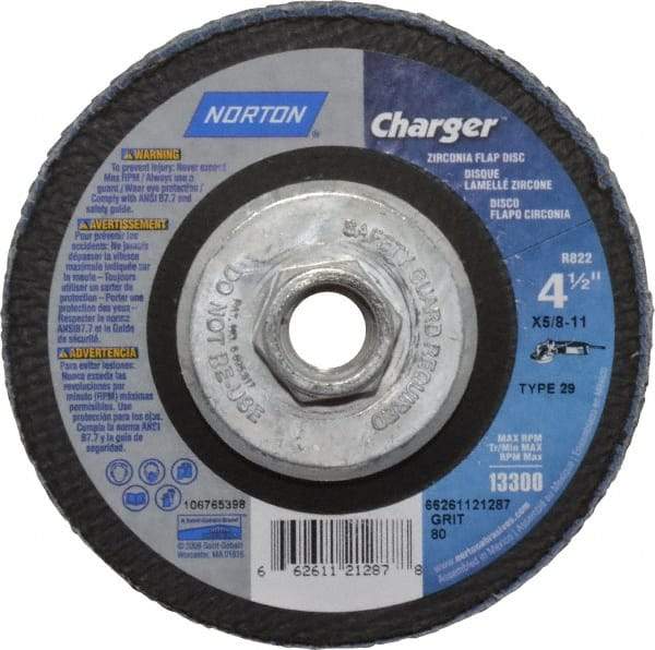 Norton - 80 Grit, 4-1/2" Disc Diam, 5/8-11 Center Hole, Type 29 Zirconia Alumina Flap Disc - 13,000 Max RPM, Fiberglass Backing, Arbor Attaching System, Coated - Caliber Tooling