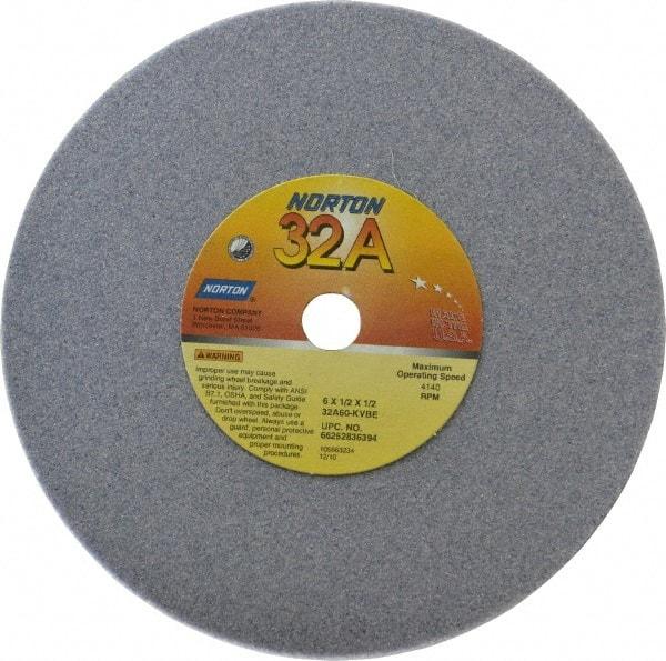 Norton - 6" Diam x 1/2" Hole x 1/2" Thick, K Hardness, 60 Grit Surface Grinding Wheel - Aluminum Oxide, Type 1, Medium Grade, 4,140 Max RPM, Vitrified Bond, No Recess - Caliber Tooling