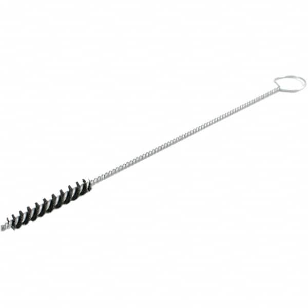 Brush Research Mfg. - 0.45" Diam Helical Nylon Tube Brush - Single Spiral, 0.012" Filament Diam, 2" Brush Length, 18" OAL, 0.219" Diam Galvanized Steel Shank - Caliber Tooling
