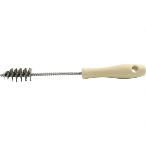 Brush Research Mfg. - 0.975" Diam Helical Stainless Steel Tube Brush - Single Spiral, 0.006" Filament Diam, 2" Brush Length, 10-1/2" OAL, 0.245" Diam Plastic Handle Shank - Caliber Tooling