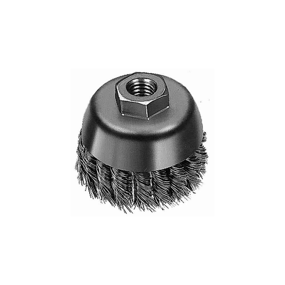 Cup Brush: 4″ Dia, 0.023″ Wire Dia, Steel, Knotted 5/8-11 Arbor Hole, 1-1/4″ Trim Length, 7,000 Max RPM