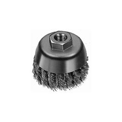 Cup Brush: 4″ Dia, 0.023″ Wire Dia, Steel, Knotted 5/8-11 Arbor Hole, 1-1/4″ Trim Length, 7,000 Max RPM