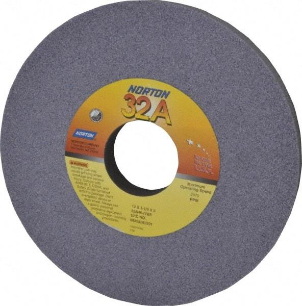 Norton - 12" Diam x 3" Hole x 1-1/4" Thick, I Hardness, 46 Grit Surface Grinding Wheel - Aluminum Oxide, Type 1, Coarse Grade, 2,070 Max RPM, Vitrified Bond, No Recess - Caliber Tooling