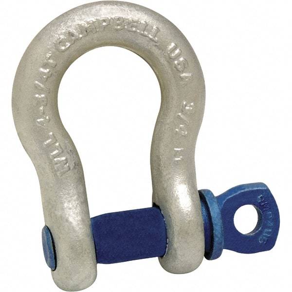 Campbell - 3/8" Nominal Chain Size, 1 Ton Carbon Steel Screw Anchor Shackle - 7/16" Pin Diam, 21/32" Wide Inside Jaw, 31/32" Inside Width, 15/16" Max Body Thickness - Caliber Tooling